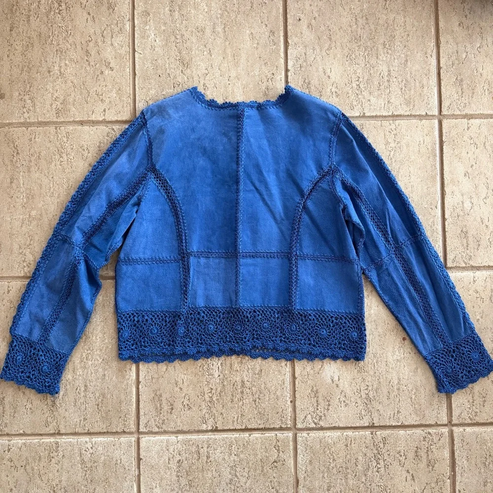 Vintage Y2K Size XL Blue Suede Leather Patchwork Jacket Lace Western‎ Crochet